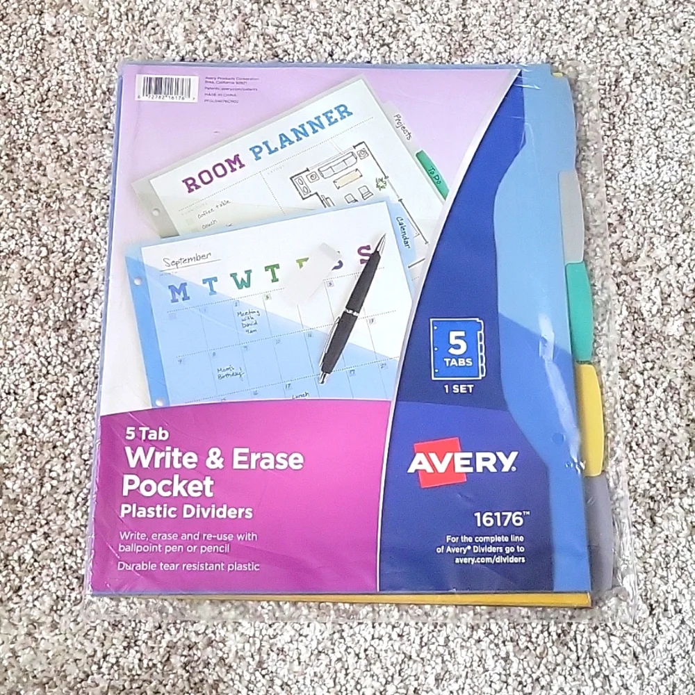 Avery 5 Tab Write & Erase Pocket Plastic Dividers 1 Set New - Picture 1 of 1
